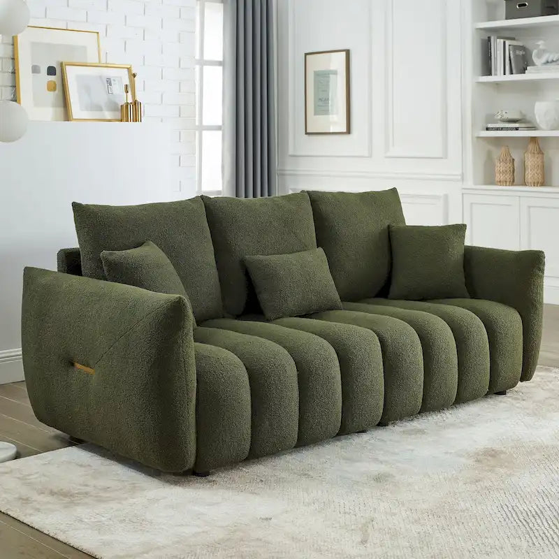 3-Seater Teddy Fabric Sofa with 3 Pillows, Solid Wood Frame, 82" W, Green