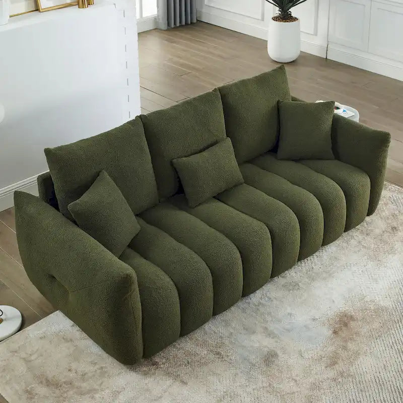3-Seater Teddy Fabric Sofa with 3 Pillows, Solid Wood Frame, 82" W, Green