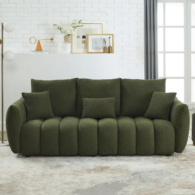 3-Seater Teddy Fabric Sofa with 3 Pillows, Solid Wood Frame, 82" W, Green
