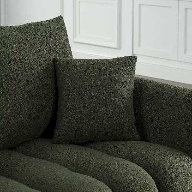 3-Seater Teddy Fabric Sofa with 3 Pillows, Solid Wood Frame, 82" W, Green