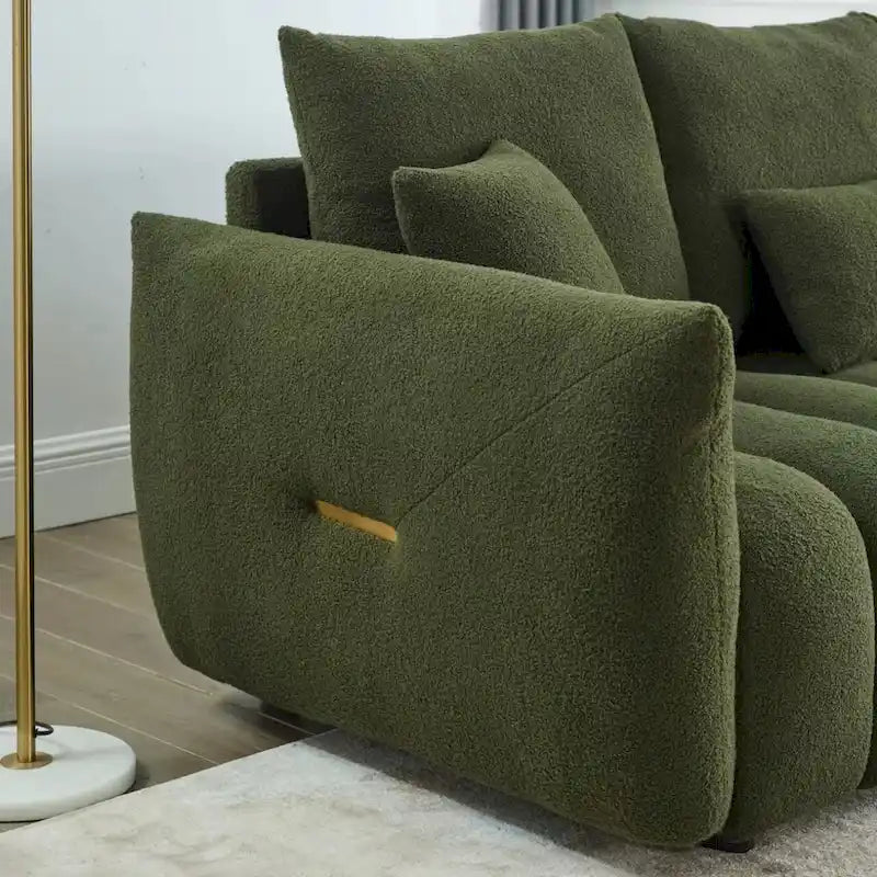 3-Seater Teddy Fabric Sofa with 3 Pillows, Solid Wood Frame, 82" W, Green