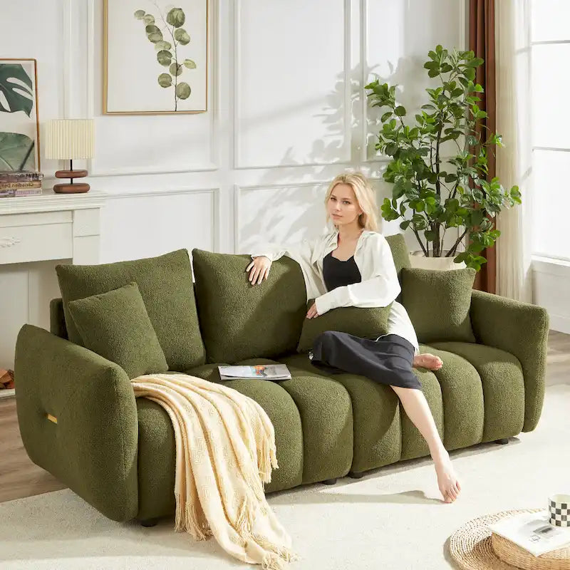 3-Seater Teddy Fabric Sofa with 3 Pillows, Solid Wood Frame, 82" W, Green