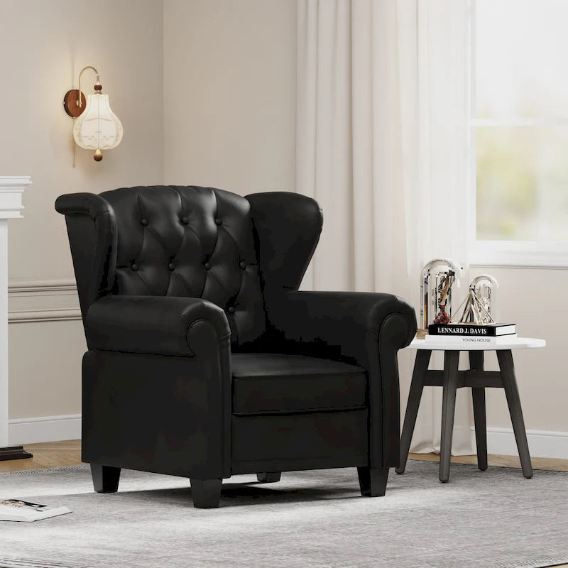 Tufted Push Back Recliner Armchair, Faux Leather, 90-150° Adjustable Backrest, Wood Legs, 300 lbs Capacity