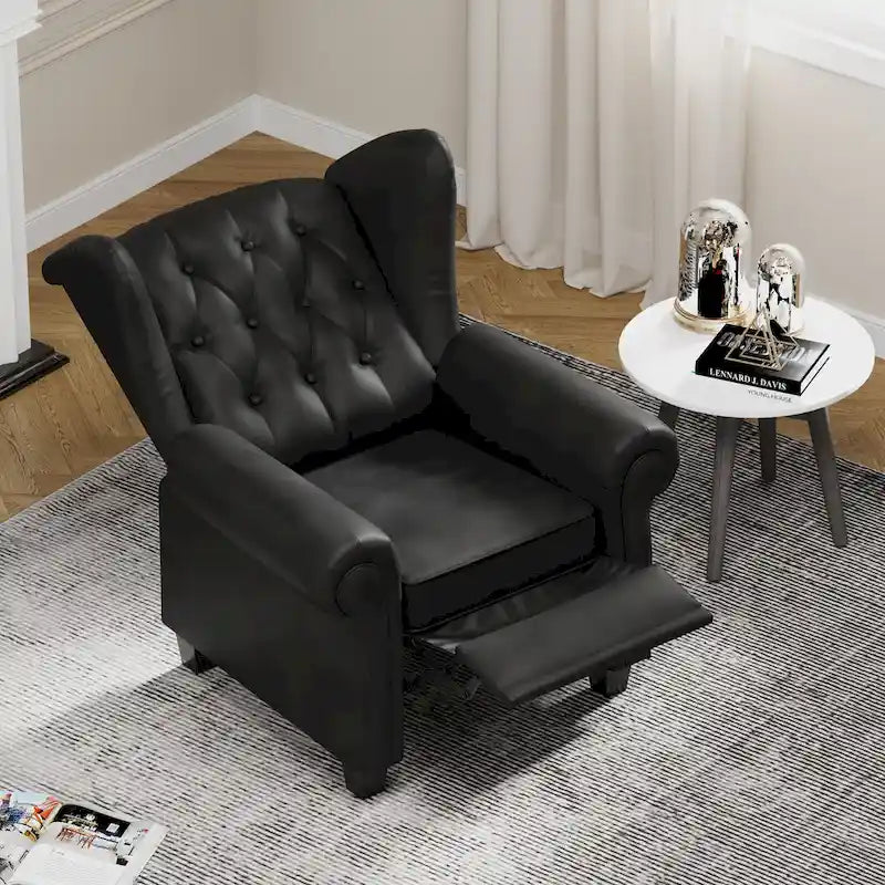 Tufted Push Back Recliner Armchair, Faux Leather, 90-150° Adjustable Backrest, Wood Legs, 300 lbs Capacity