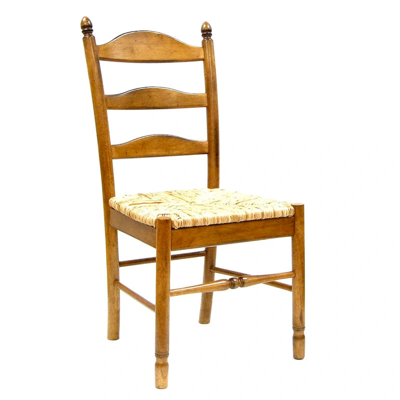 Rustic Ladder Back Dining Side Chair, Solid Wood, Woven Rush Seat, 38"H x 17"W x 16"D, Holds 250 lbs, Brown
