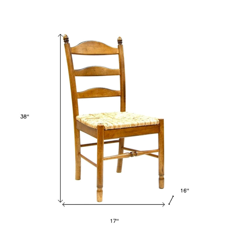 Rustic Ladder Back Dining Side Chair, Solid Wood, Woven Rush Seat, 38"H x 17"W x 16"D, Holds 250 lbs, Brown