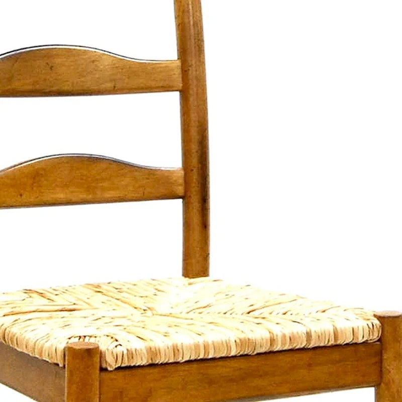 Rustic Ladder Back Dining Side Chair, Solid Wood, Woven Rush Seat, 38"H x 17"W x 16"D, Holds 250 lbs, Brown