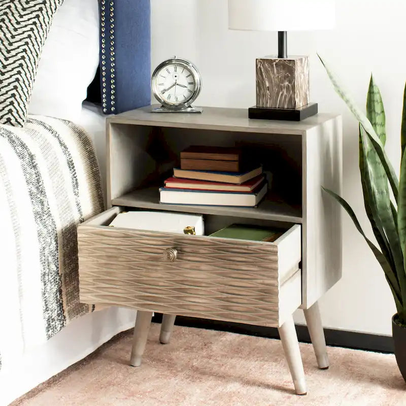 Mid-Century 1-Drawer Textured Nightstand in Grey Walnut Wood