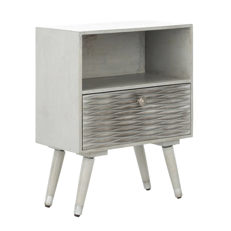 Mid-Century 1-Drawer Textured Nightstand in Grey Walnut Wood
