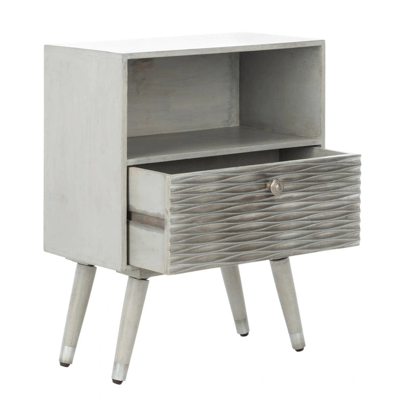 Mid-Century 1-Drawer Textured Nightstand in Grey Walnut Wood