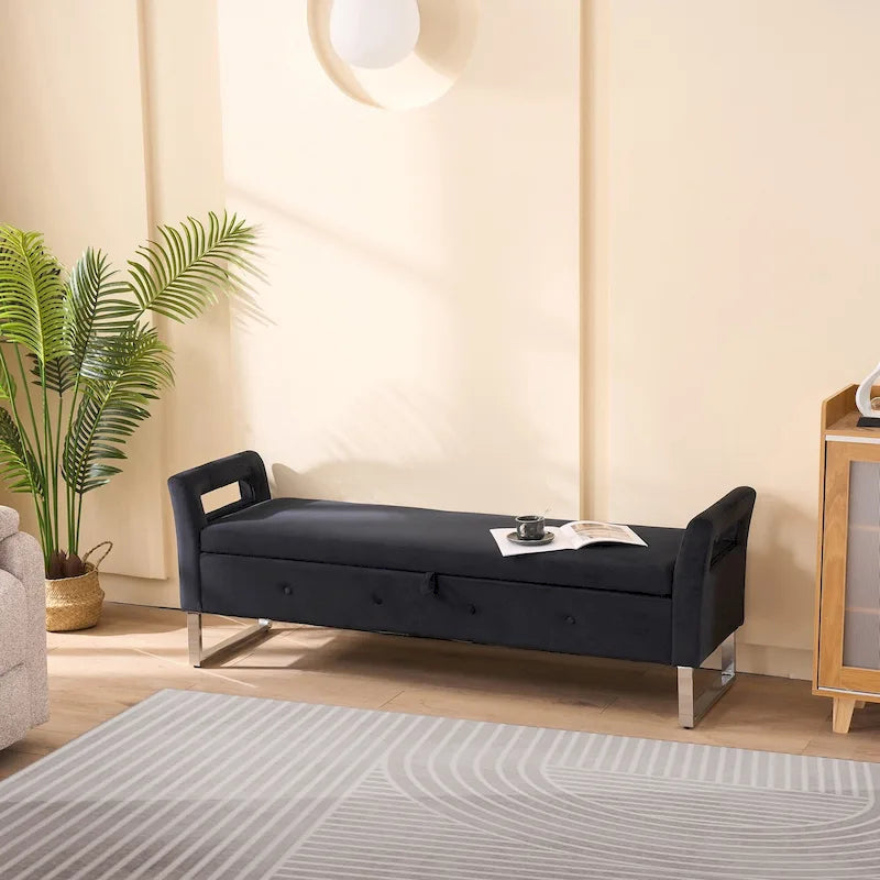 Velvet Storage Bench with Armrests, 67.9" W, 275 lb Capacity, Black or Green