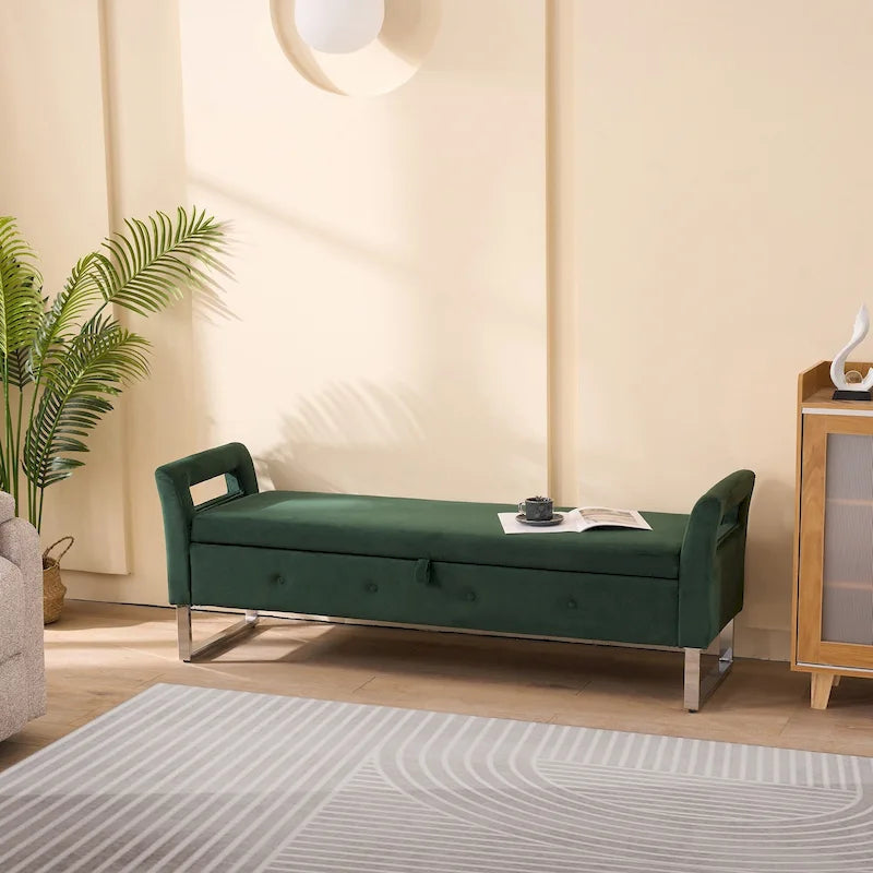 Velvet Storage Bench with Armrests, 67.9" W, 275 lb Capacity, Black or Green