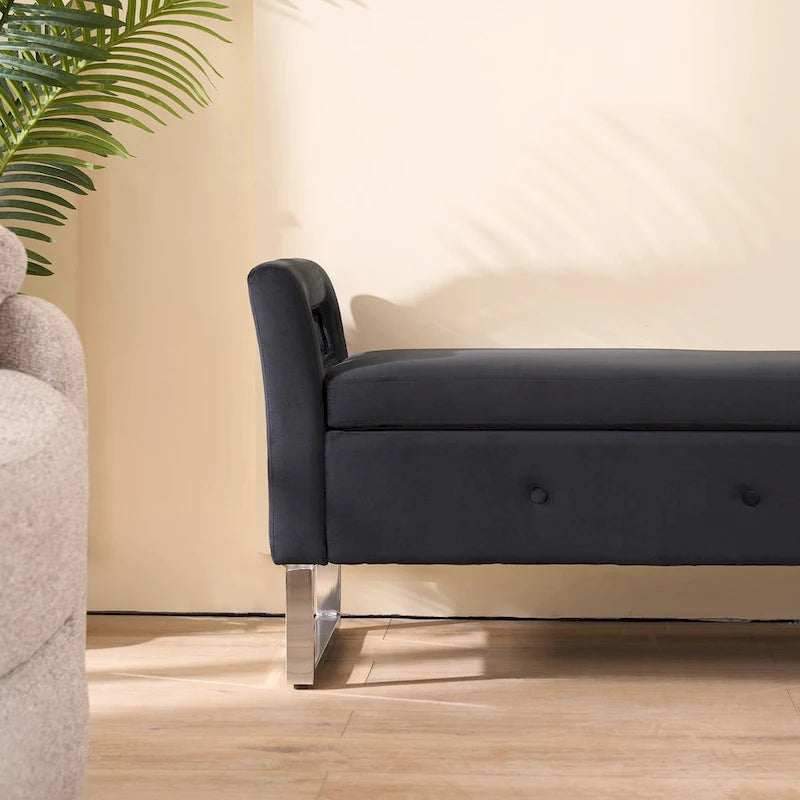 Velvet Storage Bench with Armrests, 67.9" W, 275 lb Capacity, Black or Green