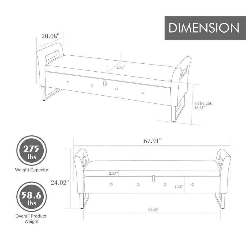 Velvet Storage Bench with Armrests, 67.9" W, 275 lb Capacity, Black or Green