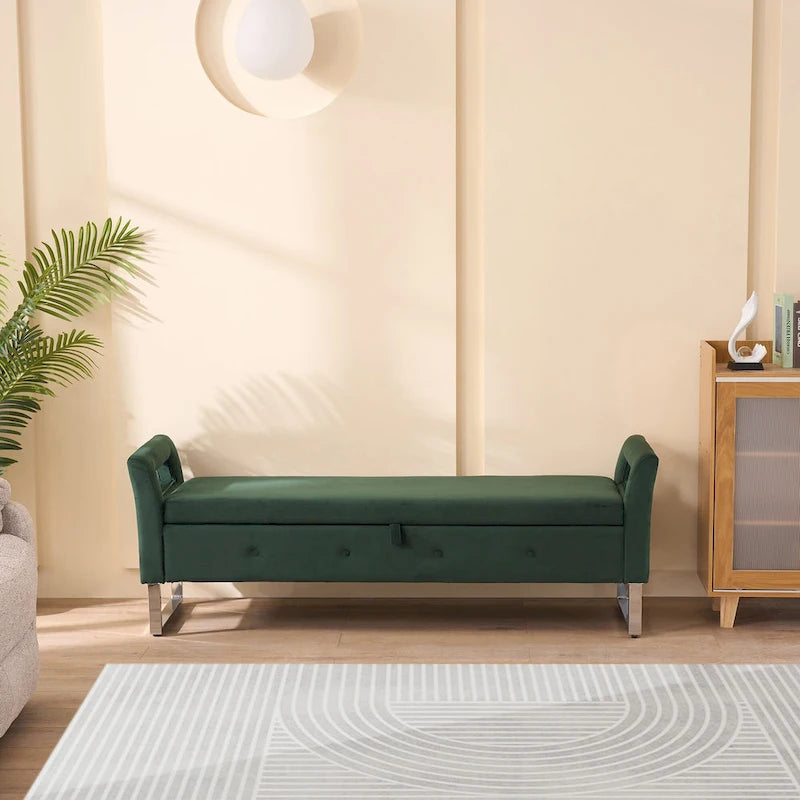 Velvet Storage Bench with Armrests, 67.9" W, 275 lb Capacity, Black or Green