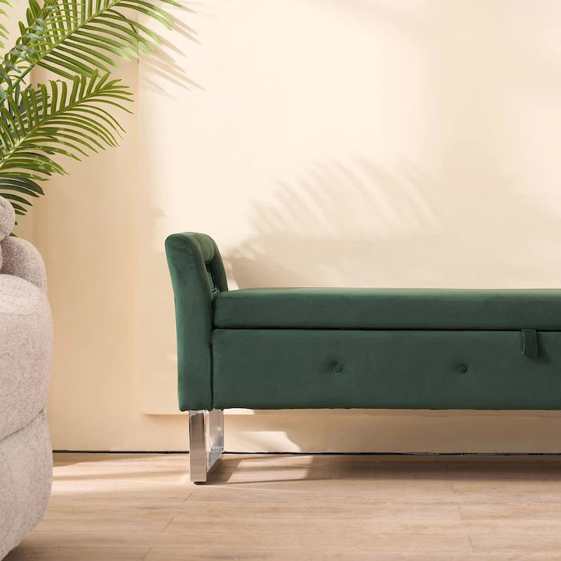 Velvet Storage Bench with Armrests, 67.9" W, 275 lb Capacity, Black or Green