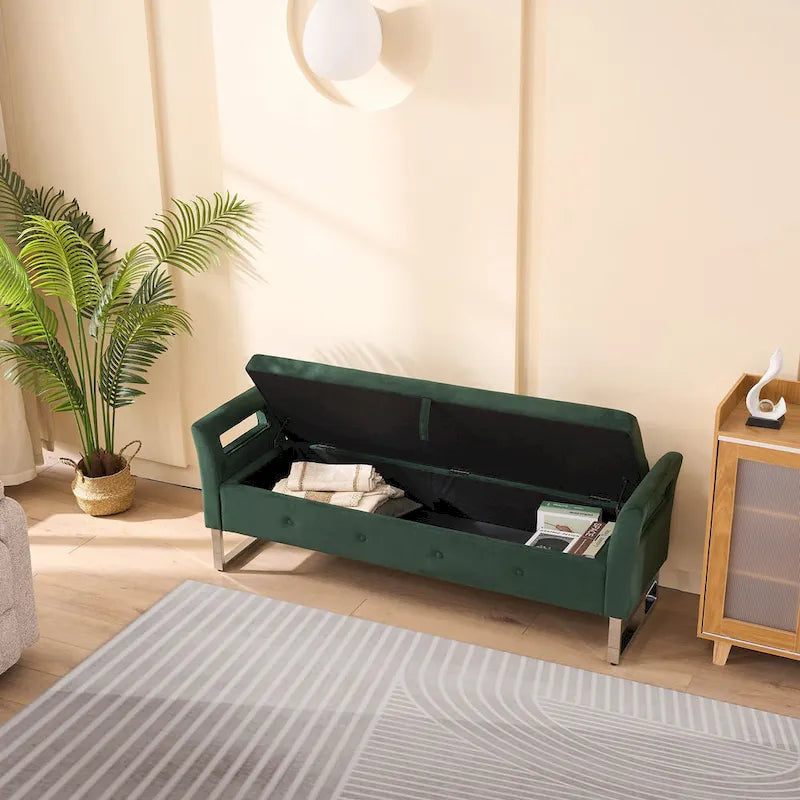 Velvet Storage Bench with Armrests, 67.9" W, 275 lb Capacity, Black or Green