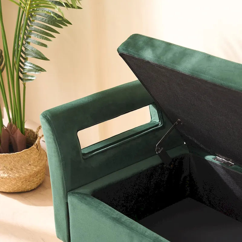 Velvet Storage Bench with Armrests, 67.9" W, 275 lb Capacity, Black or Green