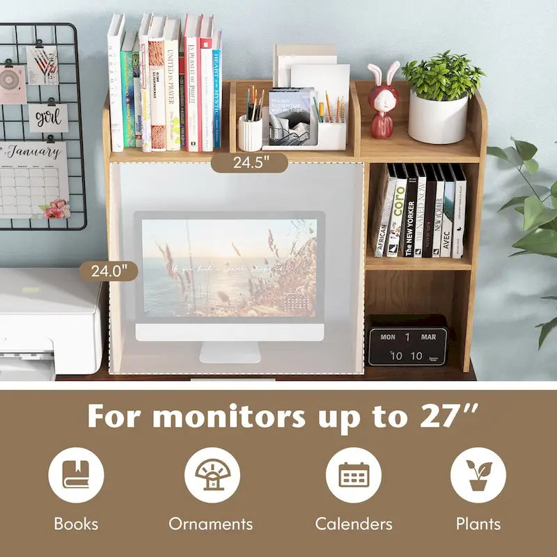 3-Tier Desktop Bookshelf Monitor Stand with Storage Organizer, Engineered Wood, 37", 100 lbs Capacity