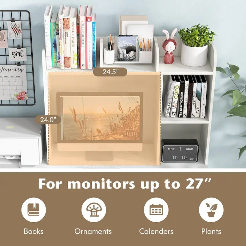 3-Tier Desktop Bookshelf Monitor Stand with Storage Organizer, Engineered Wood, 37", 100 lbs Capacity