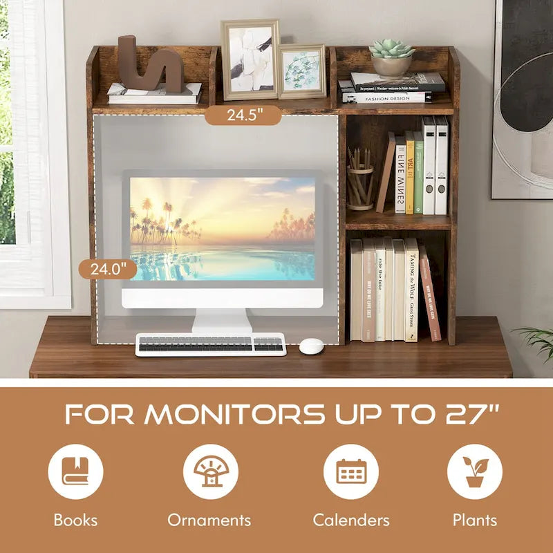 3-Tier Desktop Bookshelf Monitor Stand with Storage Organizer, Engineered Wood, 37", 100 lbs Capacity
