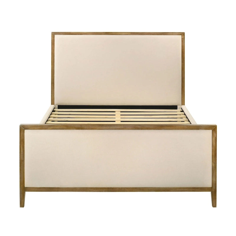 Modern Upholstered Platform Bed with Oak Trim, Linen Fabric, No Box Spring Needed - Queen/King