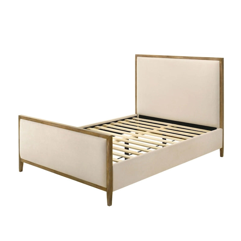 Modern Upholstered Platform Bed with Oak Trim, Linen Fabric, No Box Spring Needed - Queen/King