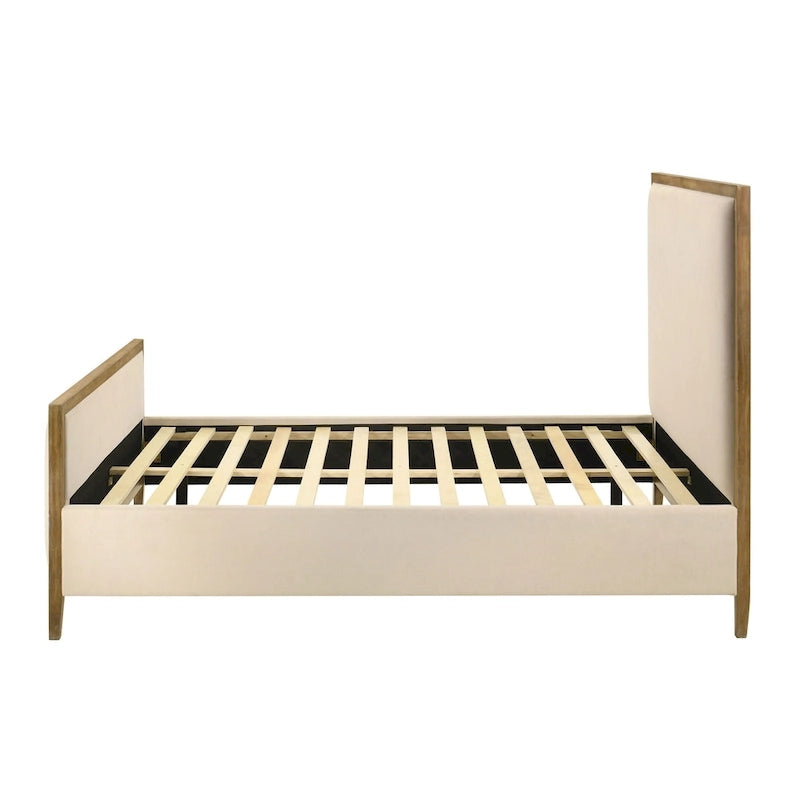Modern Upholstered Platform Bed with Oak Trim, Linen Fabric, No Box Spring Needed - Queen/King