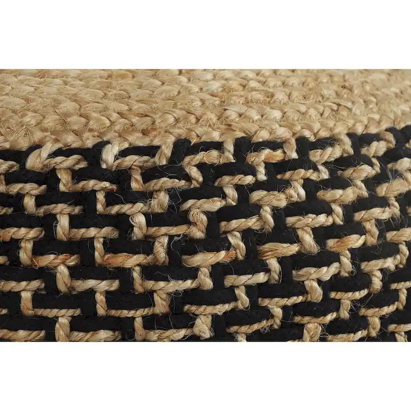 Round Braided Jute Pouf Ottoman, 18" Diameter, Brown & Black, Boho Farmhouse Style