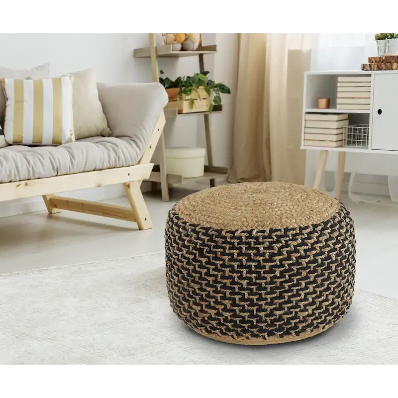 Round Braided Jute Pouf Ottoman, 18" Diameter, Brown & Black, Boho Farmhouse Style