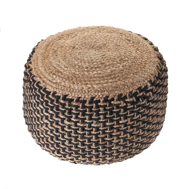 Round Braided Jute Pouf Ottoman, 18" Diameter, Brown & Black, Boho Farmhouse Style