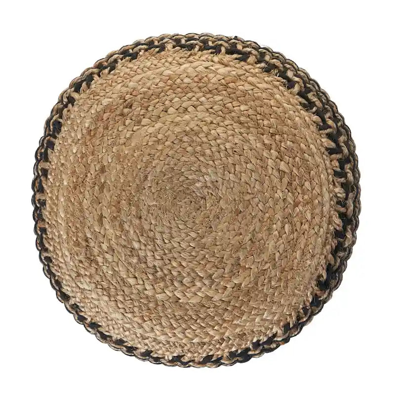 Round Braided Jute Pouf Ottoman, 18" Diameter, Brown & Black, Boho Farmhouse Style