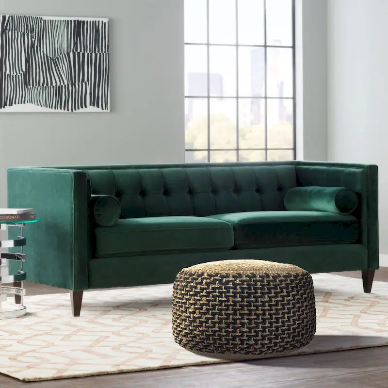 Round Braided Jute Pouf Ottoman, 18" Diameter, Brown & Black, Boho Farmhouse Style