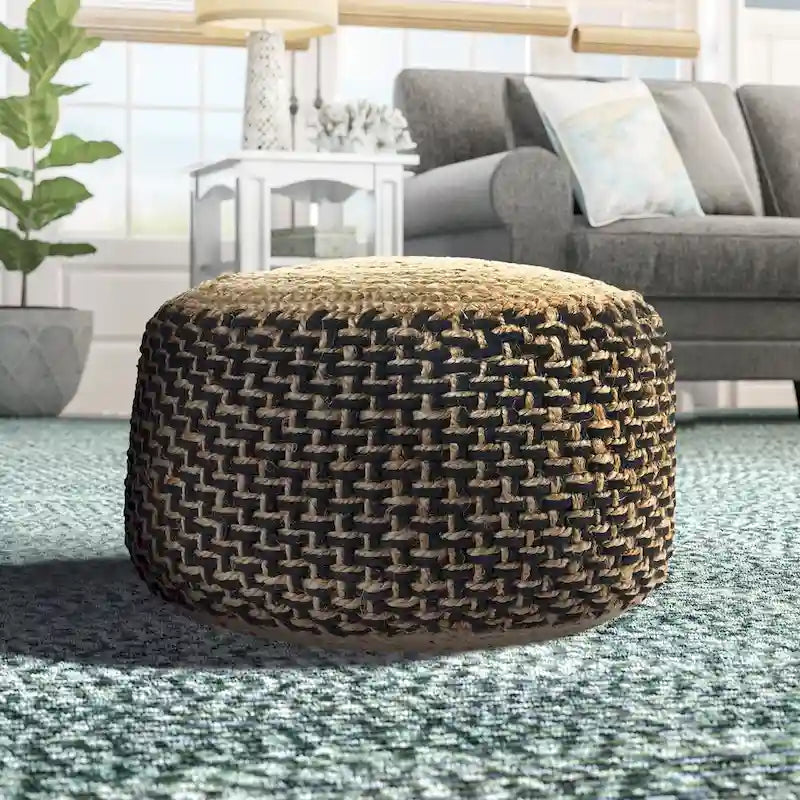 Round Braided Jute Pouf Ottoman, 18" Diameter, Brown & Black, Boho Farmhouse Style