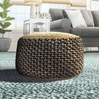Round Braided Jute Pouf Ottoman, 18" Diameter, Brown & Black, Boho Farmhouse Style