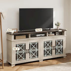 70.9" Farmhouse TV Stand with LED Lights & Glass Doors, Fits TVs up to 80", 5-Compartment Storage, Grey