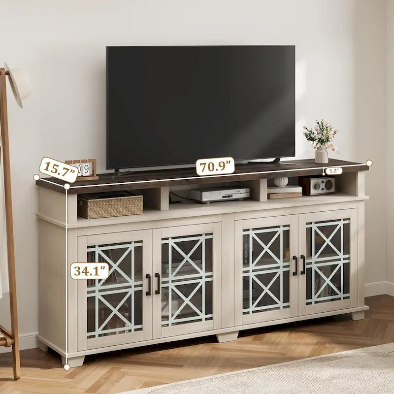 70.9" Farmhouse TV Stand with LED Lights & Glass Doors, Fits TVs up to 80", 5-Compartment Storage, Grey