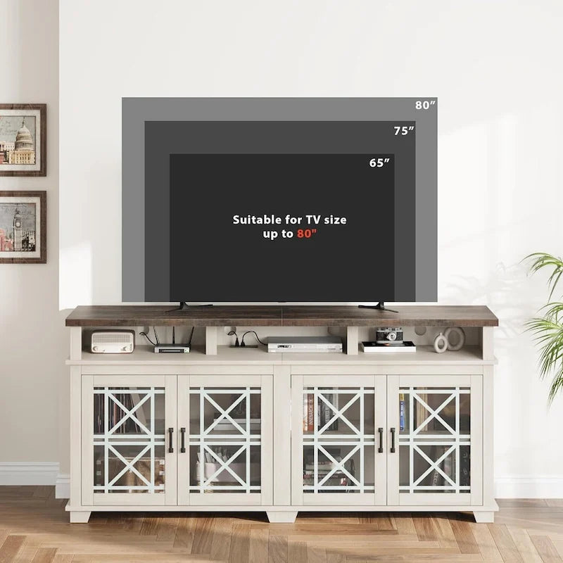 70.9" Farmhouse TV Stand with LED Lights & Glass Doors, Fits TVs up to 80", 5-Compartment Storage, Grey