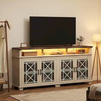 70.9" Farmhouse TV Stand with LED Lights & Glass Doors, Fits TVs up to 80", 5-Compartment Storage, Grey