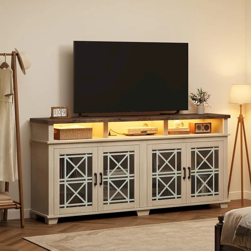 70.9" Farmhouse TV Stand with LED Lights & Glass Doors, Fits TVs up to 80", 5-Compartment Storage, Grey