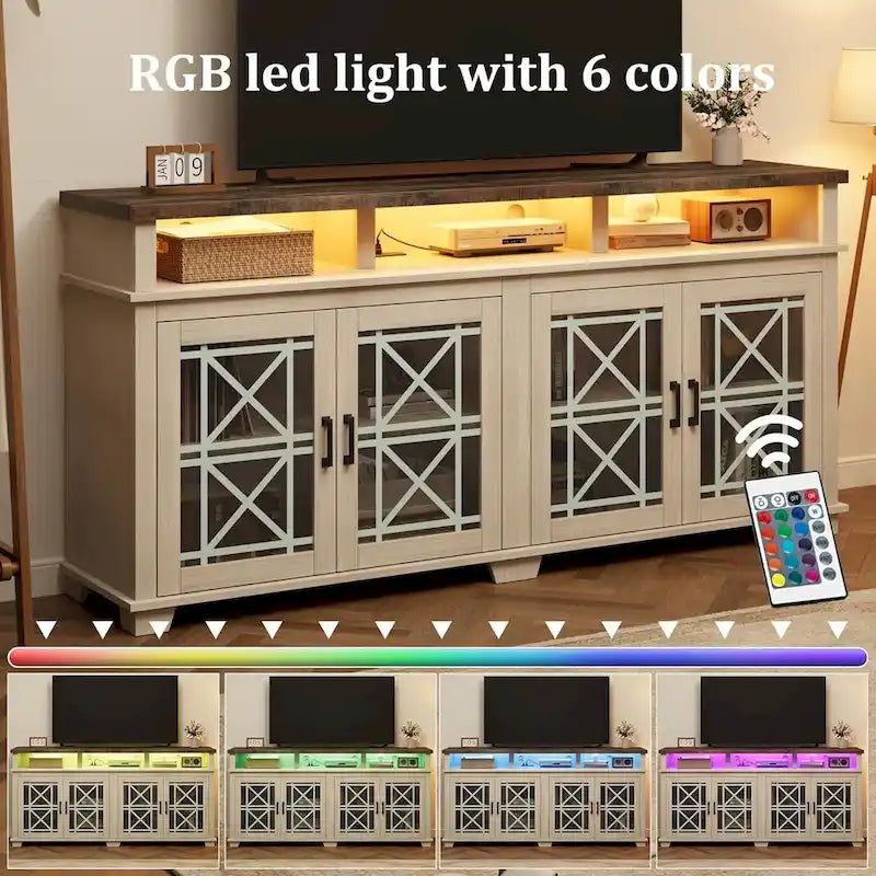 70.9" Farmhouse TV Stand with LED Lights & Glass Doors, Fits TVs up to 80", 5-Compartment Storage, Grey