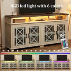 70.9" Farmhouse TV Stand with LED Lights & Glass Doors, Fits TVs up to 80", 5-Compartment Storage, Grey