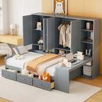 Twin/Full Daybed Frame with Built-In Desk, Bookcase, 3 Drawers & Storage Cabinet – Gray/White