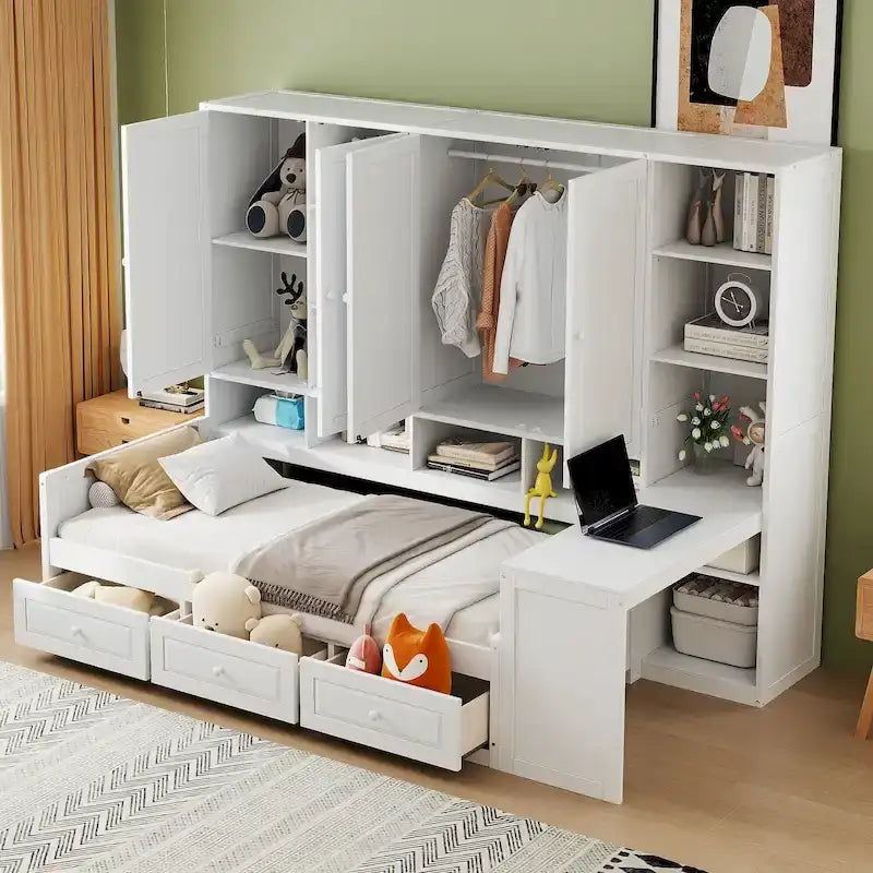 Twin/Full Daybed Frame with Built-In Desk, Bookcase, 3 Drawers & Storage Cabinet – Gray/White