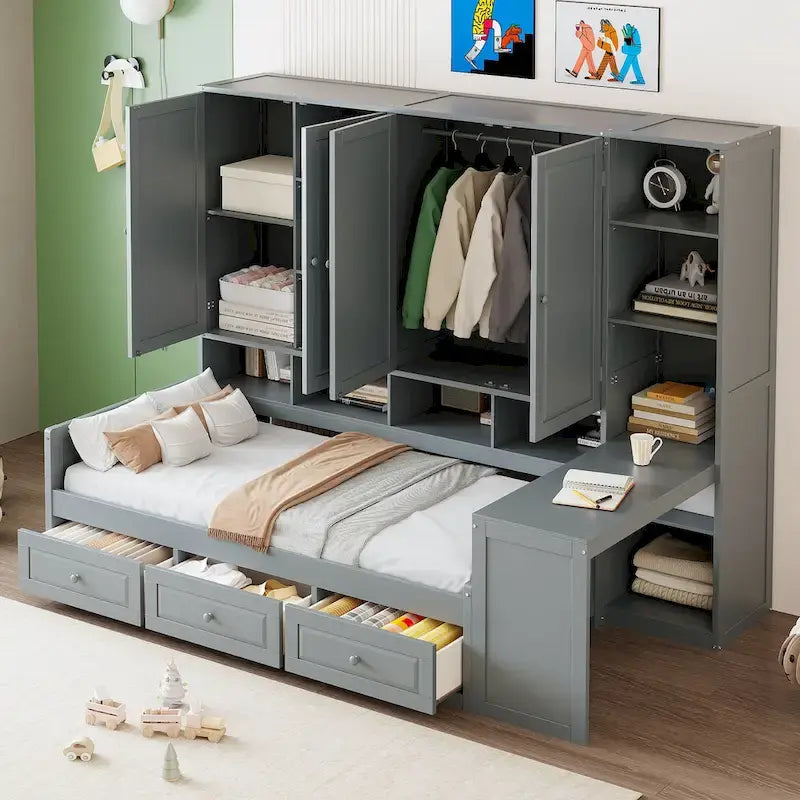 Twin/Full Daybed Frame with Built-In Desk, Bookcase, 3 Drawers & Storage Cabinet – Gray/White