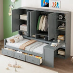 Twin/Full Daybed Frame with Built-In Desk, Bookcase, 3 Drawers & Storage Cabinet – Gray/White