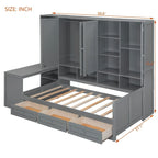 Twin/Full Daybed Frame with Built-In Desk, Bookcase, 3 Drawers & Storage Cabinet – Gray/White