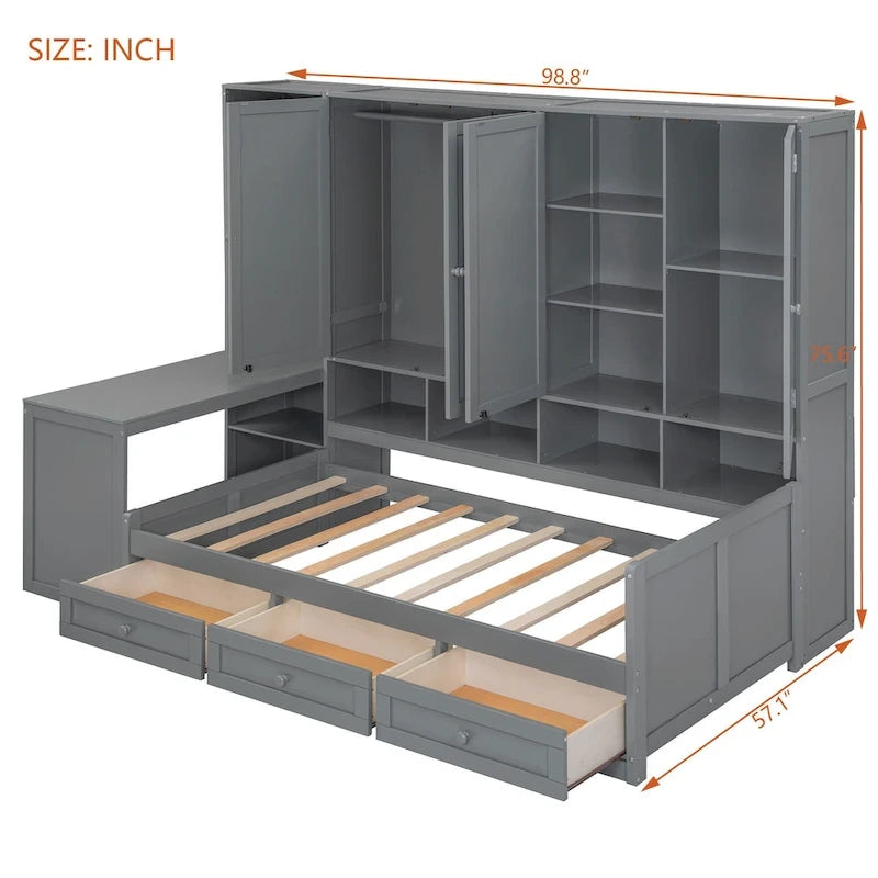 Twin/Full Daybed Frame with Built-In Desk, Bookcase, 3 Drawers & Storage Cabinet – Gray/White