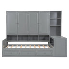 Twin/Full Daybed Frame with Built-In Desk, Bookcase, 3 Drawers & Storage Cabinet – Gray/White