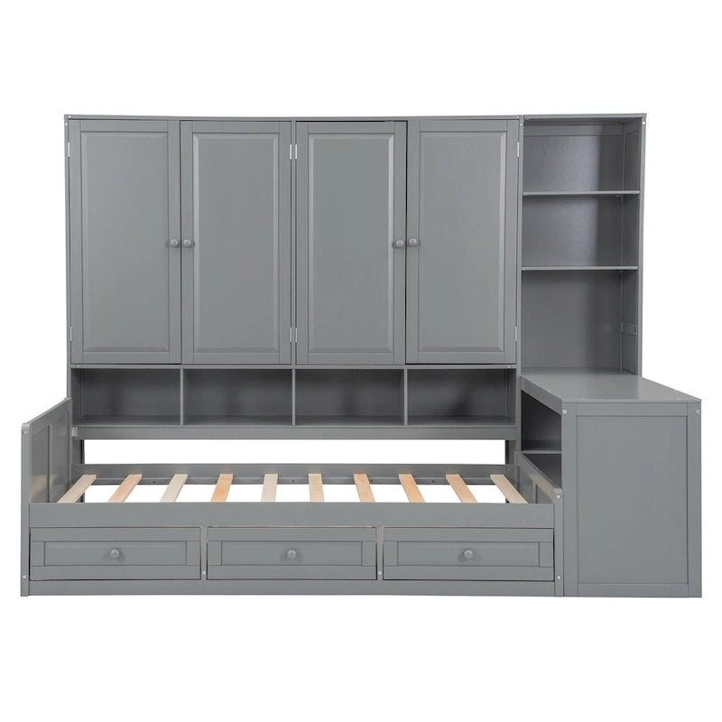Twin/Full Daybed Frame with Built-In Desk, Bookcase, 3 Drawers & Storage Cabinet – Gray/White